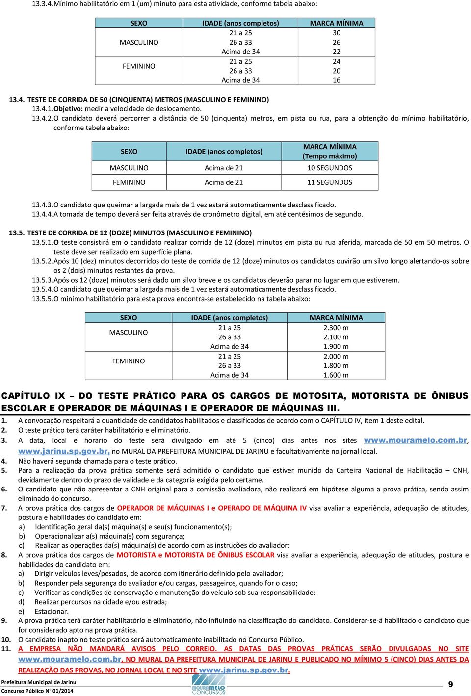 Acima de 34 13.4. TESTE DE CORRIDA DE 50 (CINQUENTA) METROS (MASCULINO E FEMININO) 13.4.1. Objetivo: medir a velocidade de deslocamento. 13.4.2.