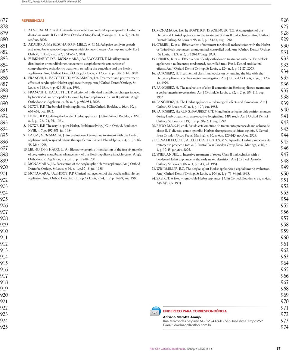 R Dental Press Ortodon Ortop Facial, Maringá, v. 11, n. 5, p.21-34, set./out. 2006. 2. ARAUJO, A. M.; BUSCHANG, P.; MELO, A. C. M. Adaptive condylar growth and mandibular remodelling changes with bionator therapy- An implant study.