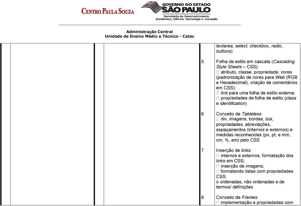 Conceito de Tableless: link, propriedades, abreviações, espaçamentos (internos e externos) e medidas reconhecidas (px, pt, e mm,