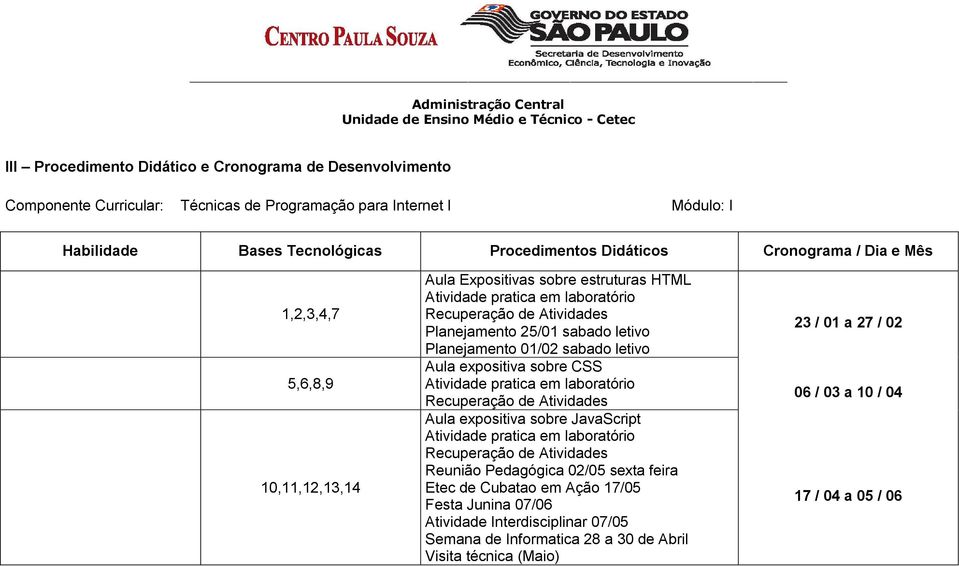 letivo Aula expositiva sobre CSS Atividade pratica em laboratório Recuperação de Atividades Aula expositiva sobre JavaScript Atividade pratica em laboratório Recuperação de Atividades Reunião