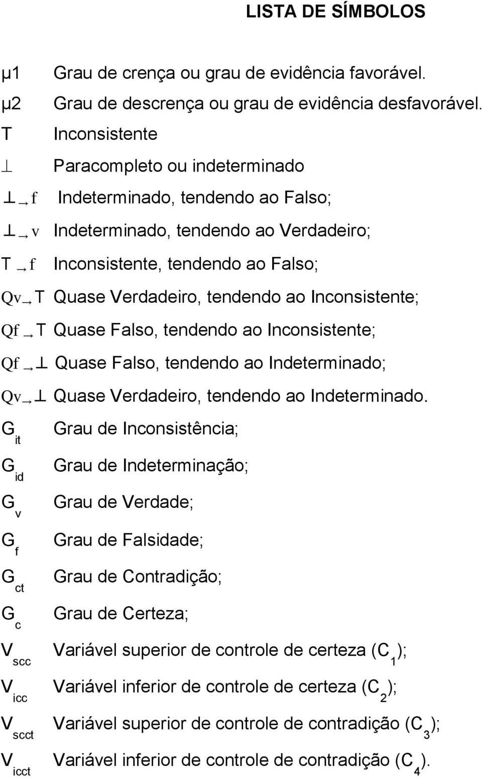 Inconsistente; Qf T Quase Falso, tendendo ao Inconsistente; Qf Quase Falso, tendendo ao Indeterminado; Qv Quase Verdadeiro, tendendo ao Indeterminado.