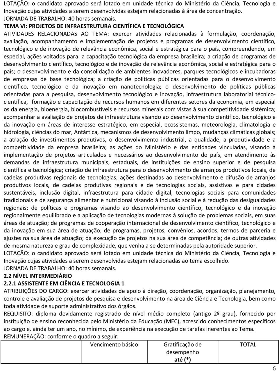 TEMA VI: PROJETOS DE INFRAESTRUTURA CIENTÍFICA E TECNOLÓGICA ATIVIDADES RELACIONADAS AO TEMA: exercer atividades relacionadas à formulação, coordenação, avaliação, acompanhamento e implementação de