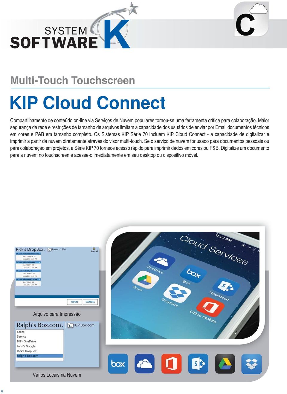 Os Sistemas KIP Série 70 incluem KIP Cloud Connect - a capacidade de digitalizar e imprimir a partir da nuvem diretamente através do visor multi-touch.