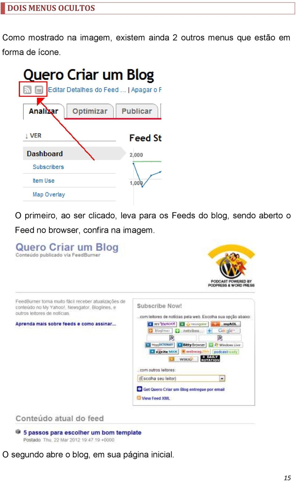 O primeiro, ao ser clicado, leva para os Feeds do blog, sendo