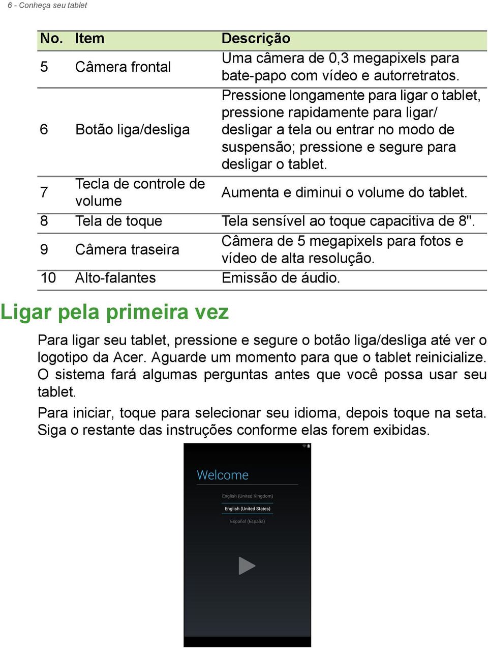 7 Tecla de controle de volume Aumenta e diminui o volume do tablet. 8 Tela de toque Tela sensível ao toque capacitiva de 8".