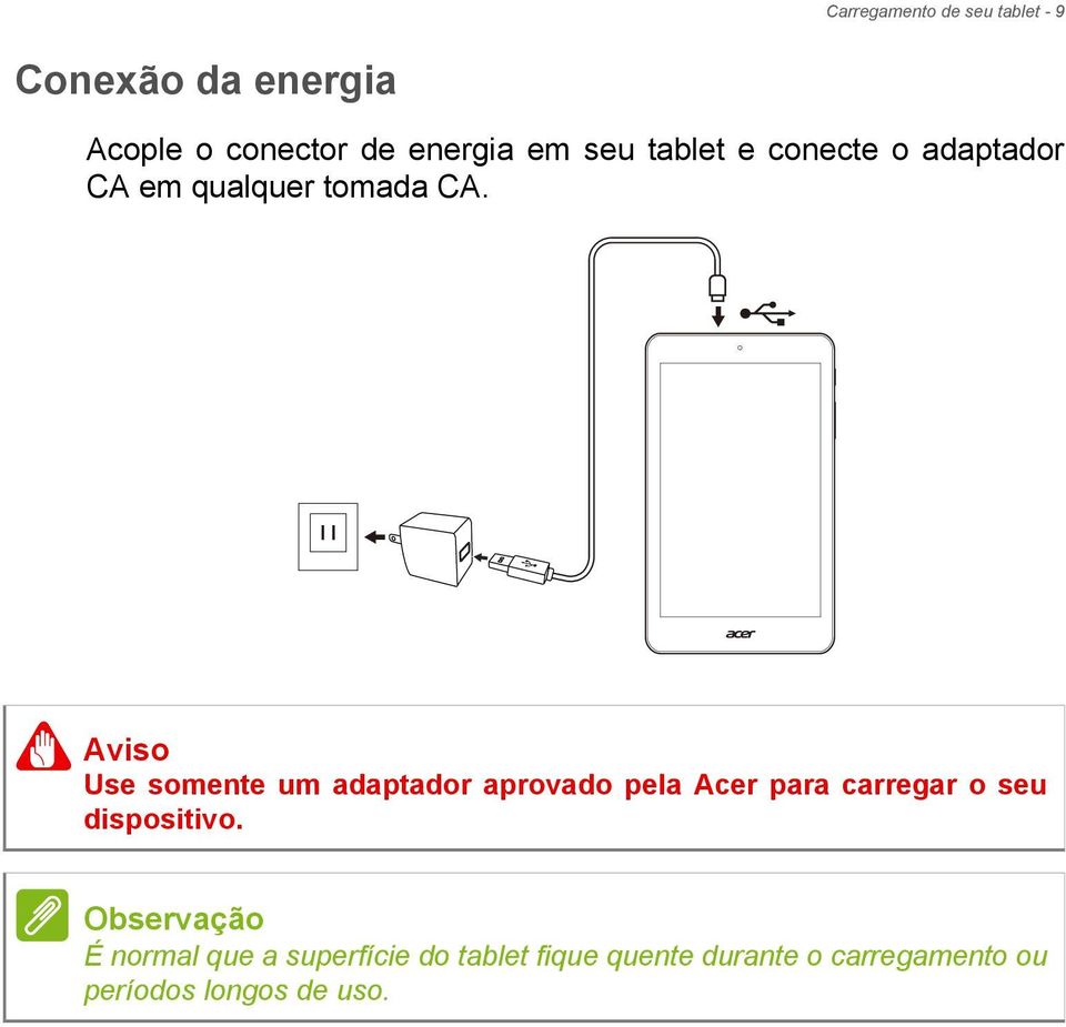 Aviso Use somente um adaptador aprovado pela Acer para carregar o seu dispositivo.