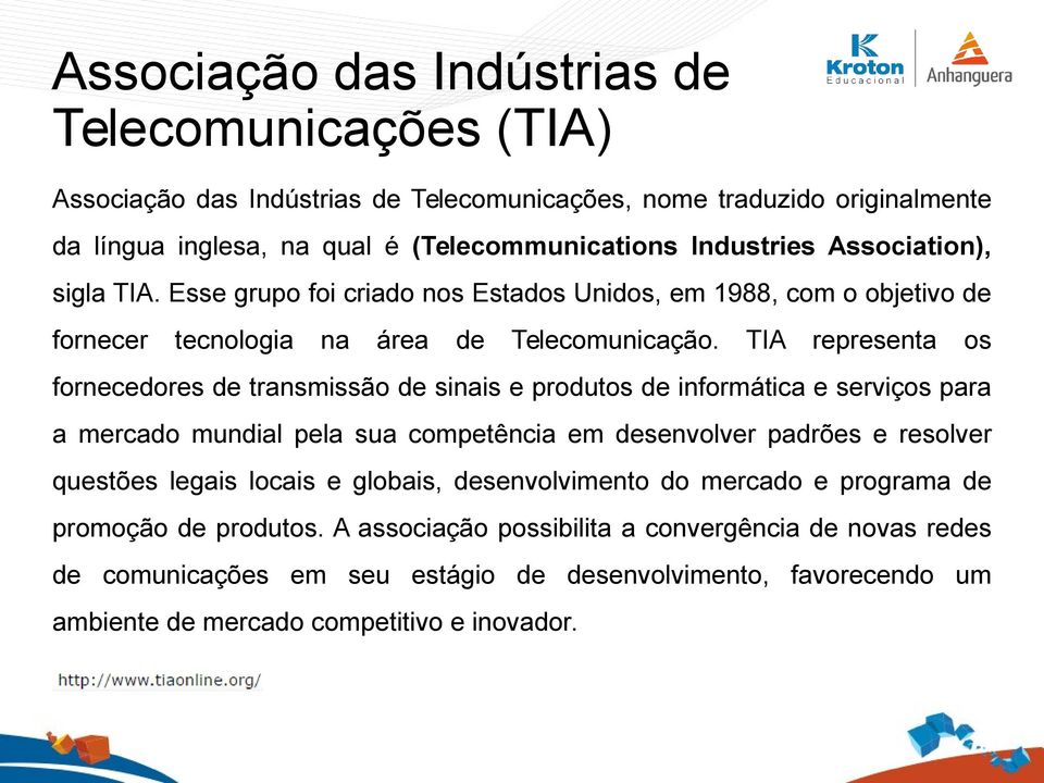 TIA representa os fornecedores de transmissão de sinais e produtos de informática e serviços para a mercado mundial pela sua competência em desenvolver padrões e resolver questões legais