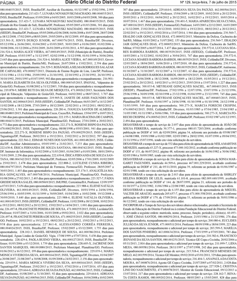 421-7, LUNARA NOVAKOVSKI MACHADO, 080.004035/2015, INSS (Estado do Rio Grande do Sul), Brasília/DF, Professor, 05/05/2005 a 01/03/2006, 301 dias para aposentadoria; 213.