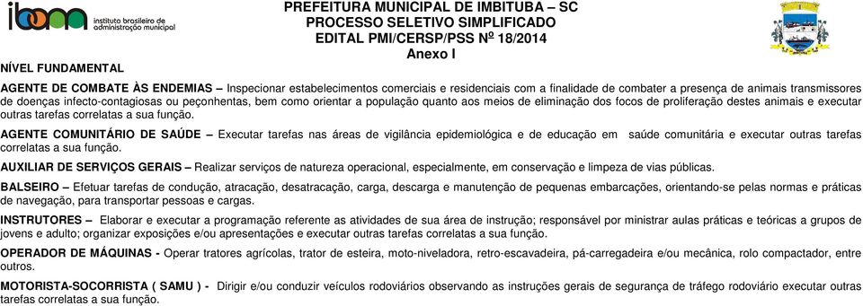 AGENTE COMUNITÁRIO SAÚ Executar tarefas nas áreas de vigilância epidemiológica e de educação em saúde comunitária e executar outras tarefas correlatas a sua função.