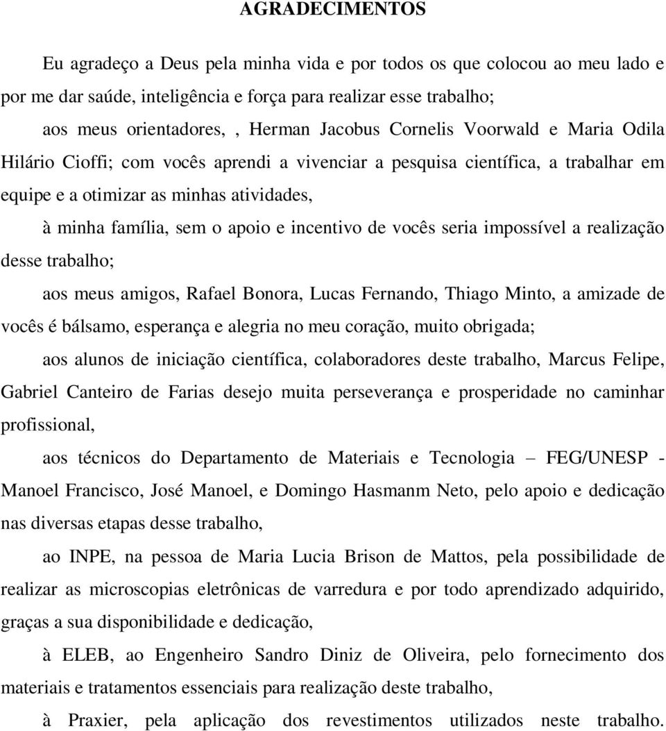 de vocês seria impossível a realização desse trabalho; aos meus amigos, Rafael Bonora, Lucas Fernando, Thiago Minto, a amizade de vocês é bálsamo, esperança e alegria no meu coração, muito obrigada;