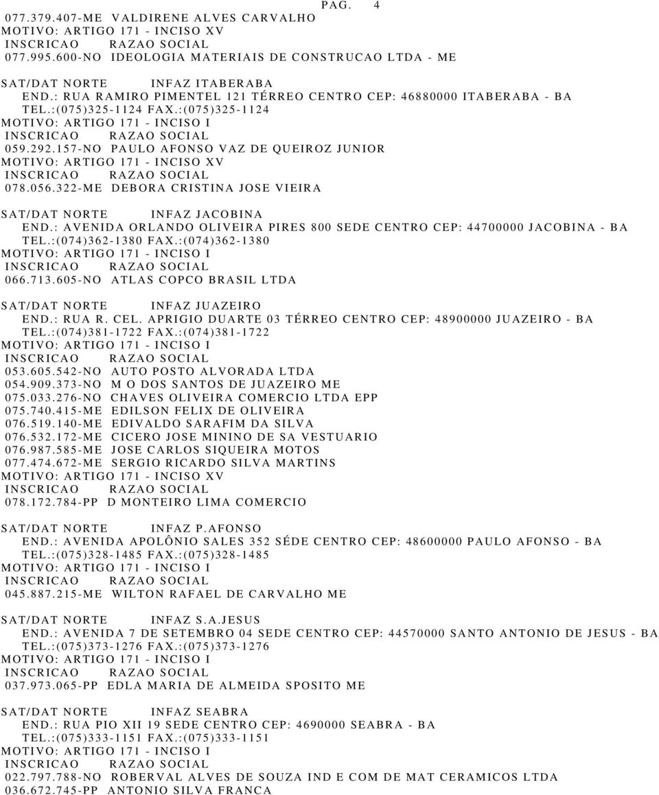 322-ME DEBORA CRISTINA JOSE VIEIRA SAT/DAT NORTE INFAZ JACOBINA END.: AVENIDA ORLANDO OLIVEIRA PIRES 800 SEDE CENTRO CEP: 44700000 JACOBINA - BA TEL.:(074)362-1380 FAX.:(074)362-1380 066.713.