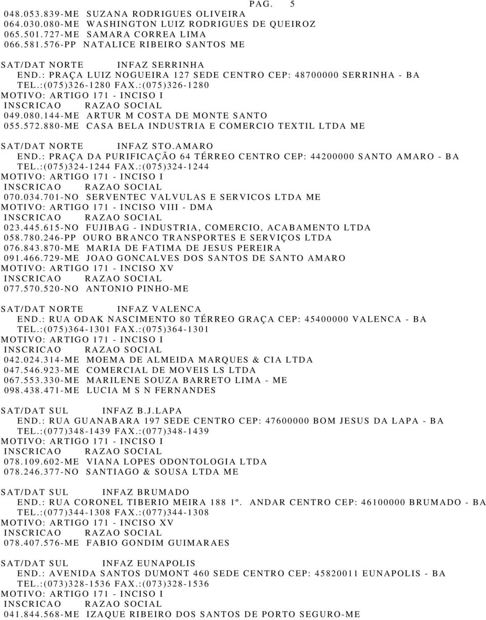 144-ME ARTUR M COSTA DE MONTE SANTO 055.572.880-ME CASA BELA INDUSTRIA E COMERCIO TEXTIL LTDA ME SAT/DAT NORTE INFAZ STO.AMARO END.