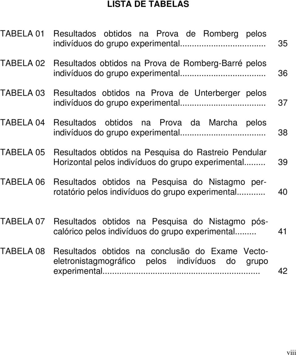 .. 37 TABELA 04 Resultados obtidos na Prova da Marcha pelos indivíduos do grupo experimental.