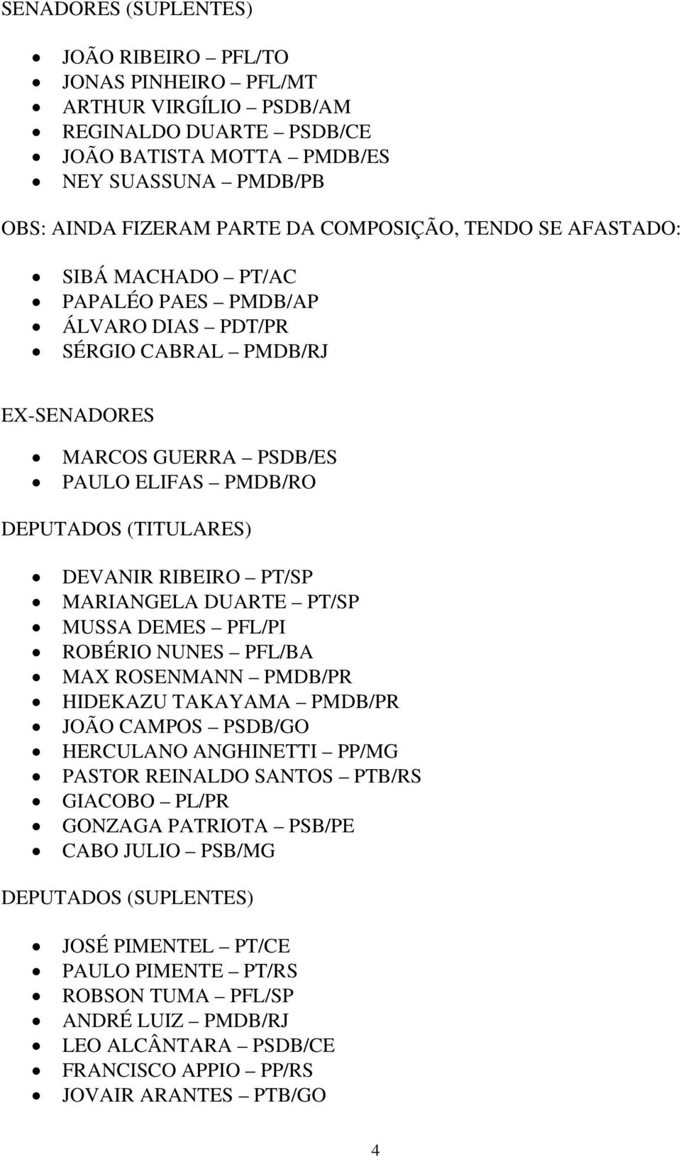 RIBEIRO PT/SP MARIANGELA DUARTE PT/SP MUSSA DEMES PFL/PI ROBÉRIO NUNES PFL/BA MAX ROSENMANN PMDB/PR HIDEKAZU TAKAYAMA PMDB/PR JOÃO CAMPOS PSDB/GO HERCULANO ANGHINETTI PP/MG PASTOR REINALDO SANTOS