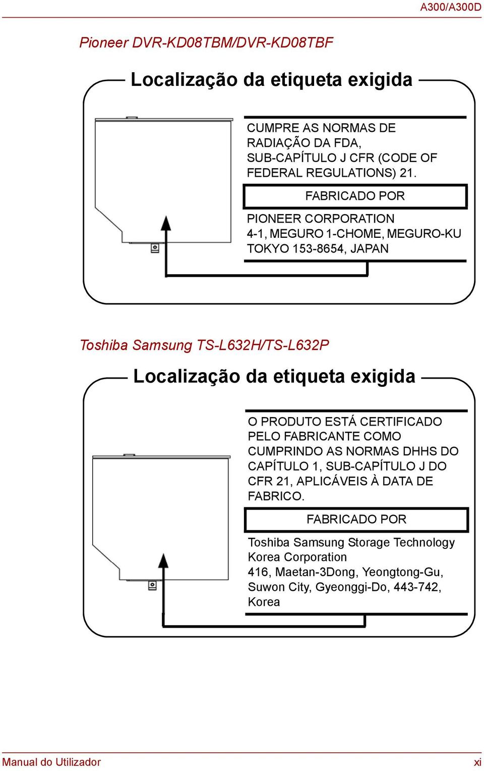 O PRODUTO ESTÁ CERTIFICADO PELO FABRICANTE COMO CUMPRINDO AS NORMAS DHHS DO CAPÍTULO 1, SUB-CAPÍTULO J DO CFR 21, APLICÁVEIS À DATA DE FABRICO.