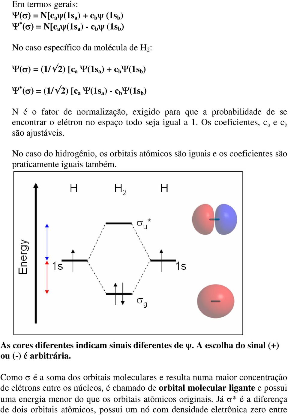 No caso do hidrogênio, os orbitais atômicos são iguais e os coeficientes são praticamente iguais também. As cores diferentes indicam sinais diferentes de ψ. A escolha do sinal (+) ou (-) é arbitrária.