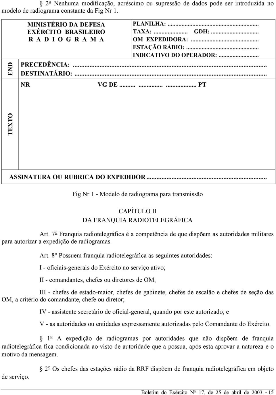 .. Fig Nr 1 - Modelo de radiograma para transmissão CAPÍTULO II DA FRANQUIA RADIOTELEGRÁFICA Art.