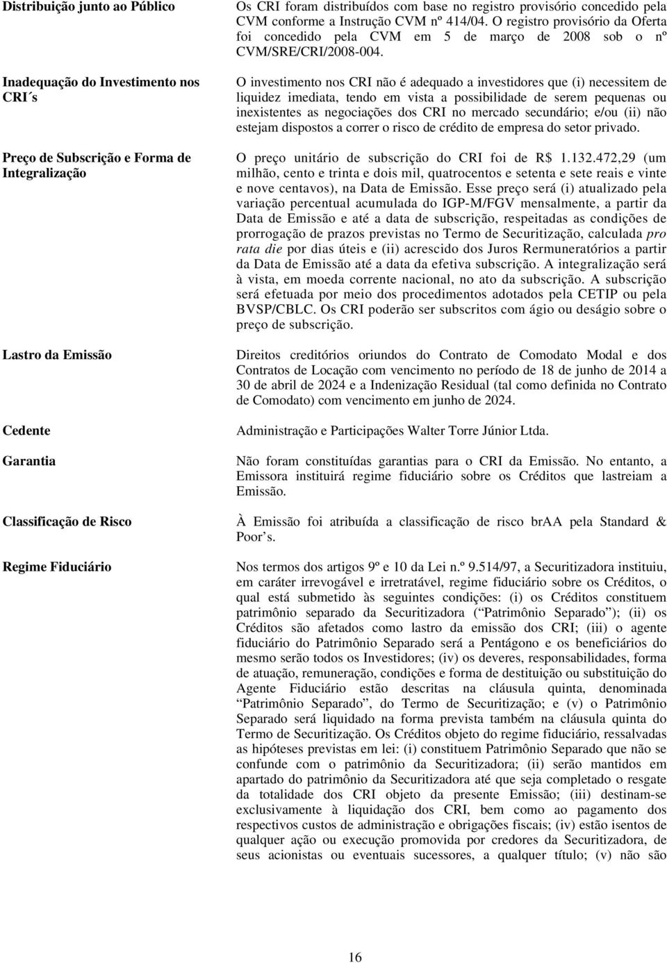 O registro provisório da Oferta foi concedido pela CVM em 5 de março de 2008 sob o nº CVM/SRE/CRI/2008-004.