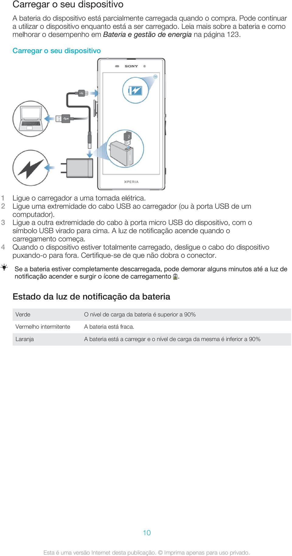 2 Ligue uma extremidade do cabo USB ao carregador (ou à porta USB de um computador). 3 Ligue a outra extremidade do cabo à porta micro USB do dispositivo, com o símbolo USB virado para cima.