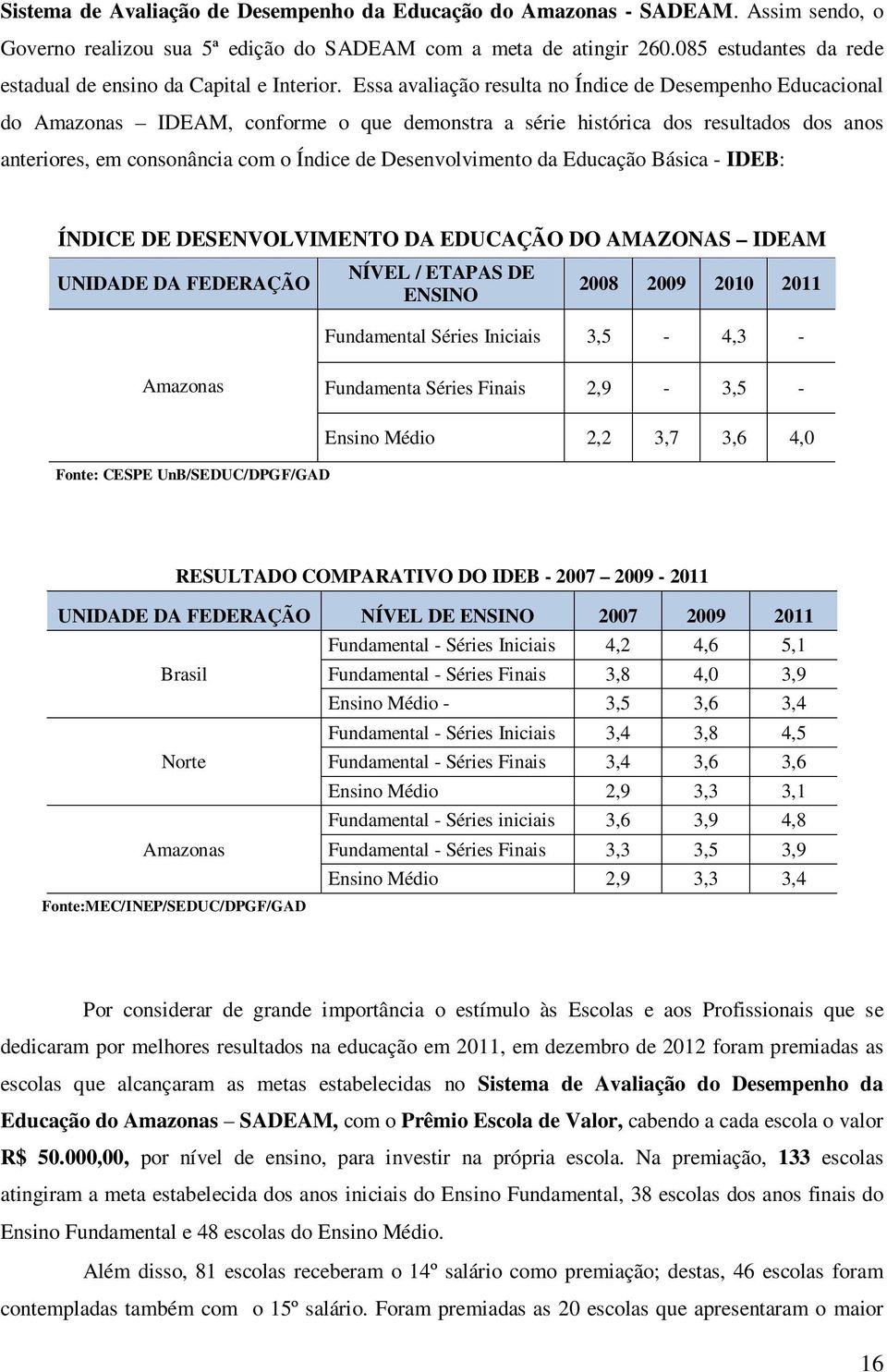 Essa avaliação resulta no Índice de Desempenho Educacional do Amazonas IDEAM, conforme o que demonstra a série histórica dos resultados dos anos anteriores, em consonância com o Índice de