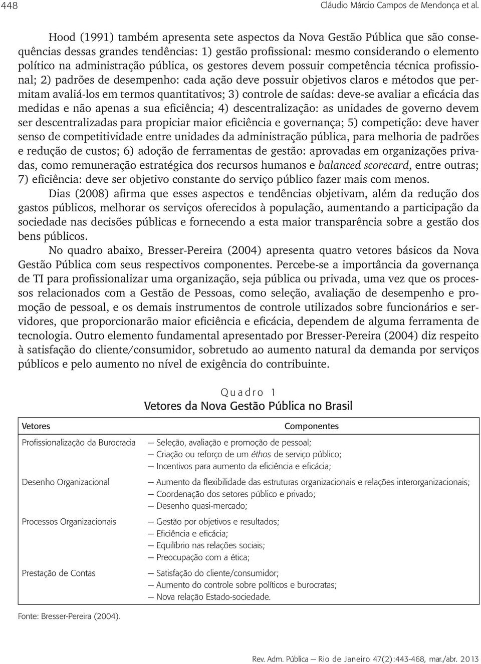 pública, os gestores devem possuir competência técnica profissional; 2) padrões de desempenho: cada ação deve possuir objetivos claros e métodos que permitam avaliá-los em termos quantitativos; 3)