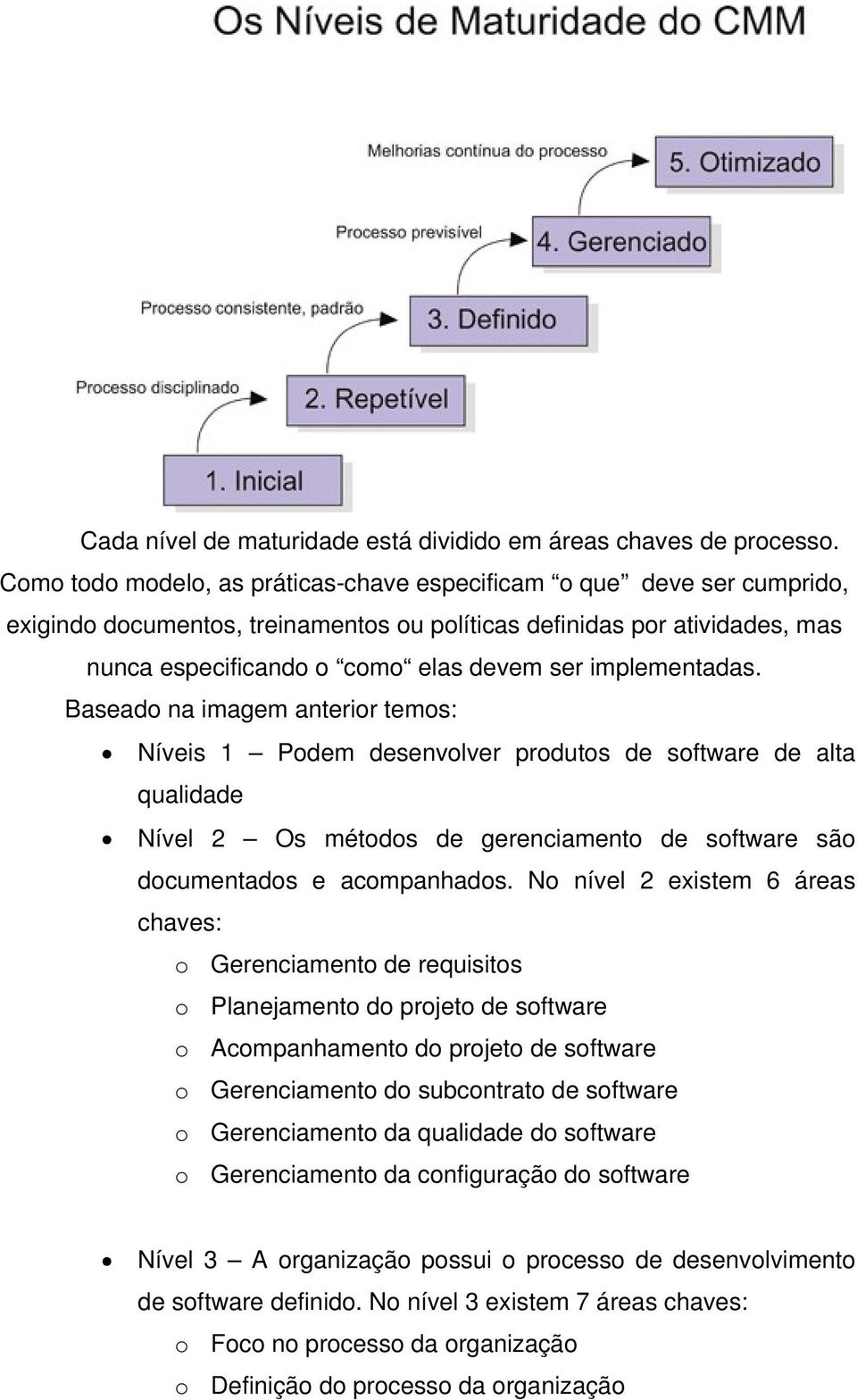 implementadas. Baseado na imagem anterior temos: Níveis 1 Podem desenvolver produtos de software de alta qualidade Nível 2 Os métodos de gerenciamento de software são documentados e acompanhados.