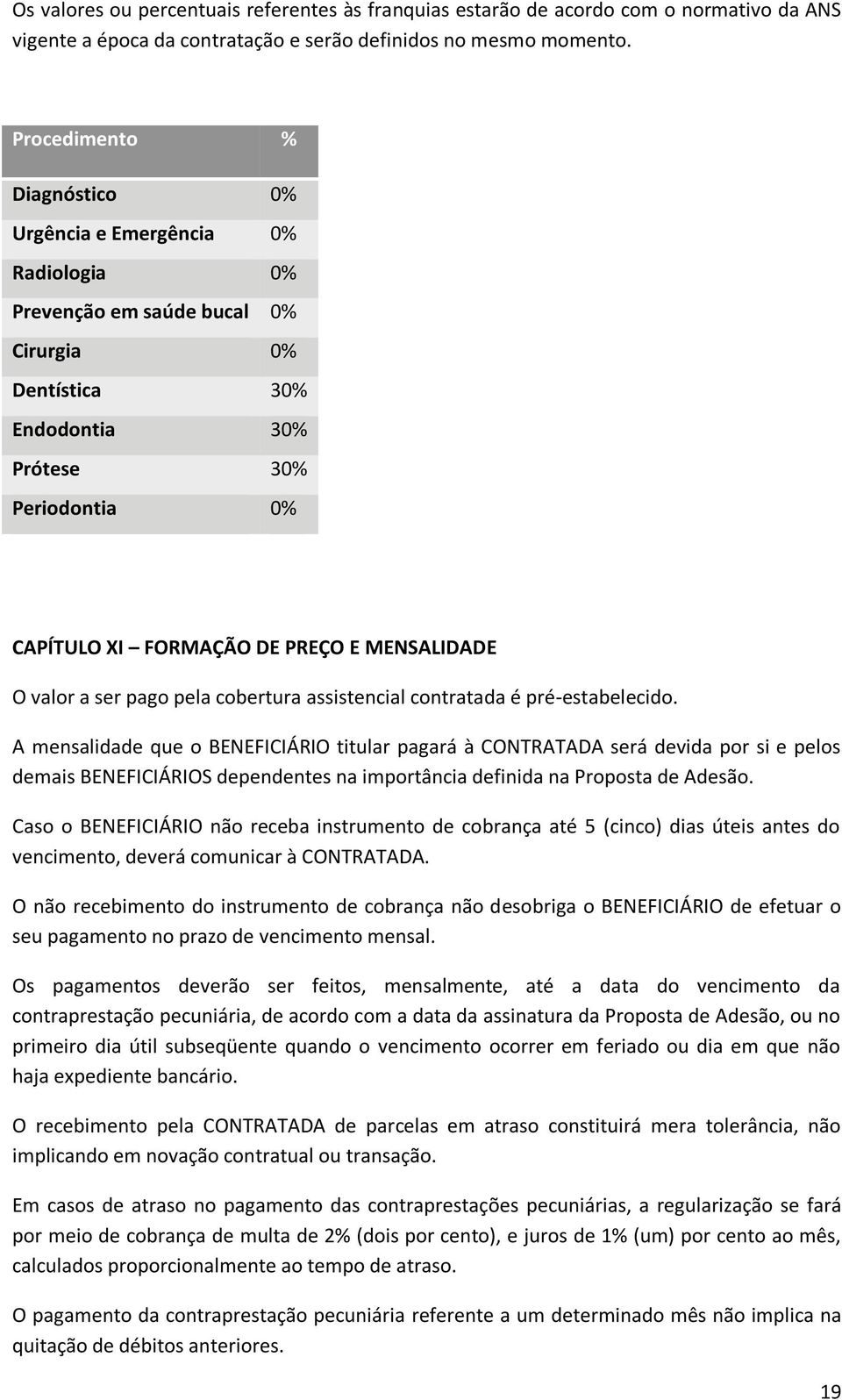 MENSALIDADE O valor a ser pago pela cobertura assistencial contratada é pré-estabelecido.