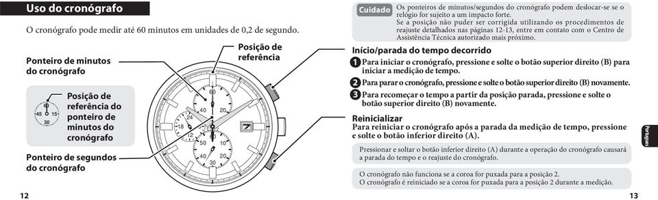 minutos/segundos do cronógrafo podem deslocar-se se o relógio for sujeito a um impacto forte.