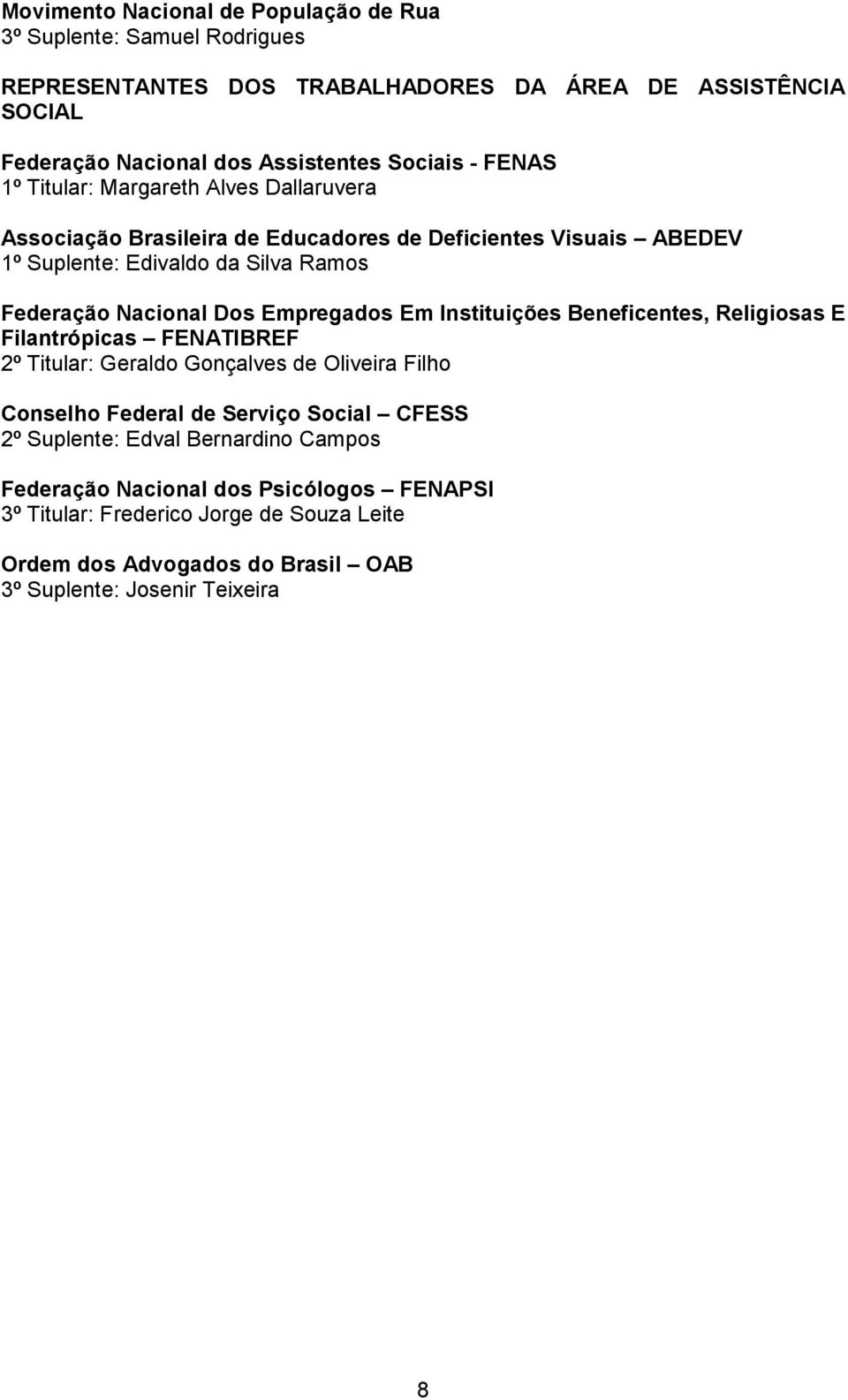 Empregados Em Instituições Beneficentes, Religiosas E Filantrópicas FENATIBREF 2º Titular: Geraldo Gonçalves de Oliveira Filho Conselho Federal de Serviço Social CFESS 2º