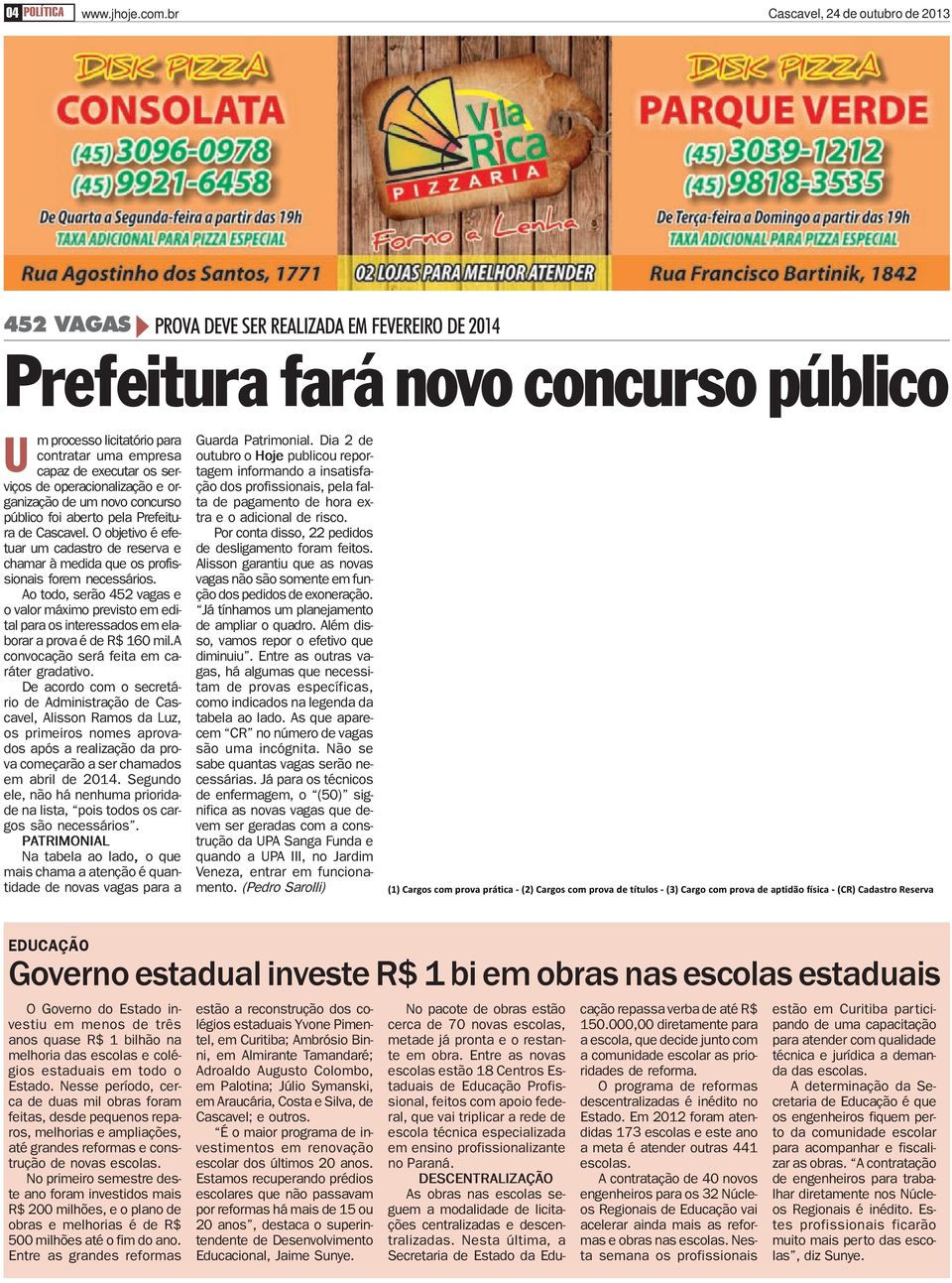 e organização de um novo concurso público foi aberto pela Prefeitura de Cascavel. O objetivo é efetuar um cadastro de reserva e chamar à medida que os profissionais forem necessários.