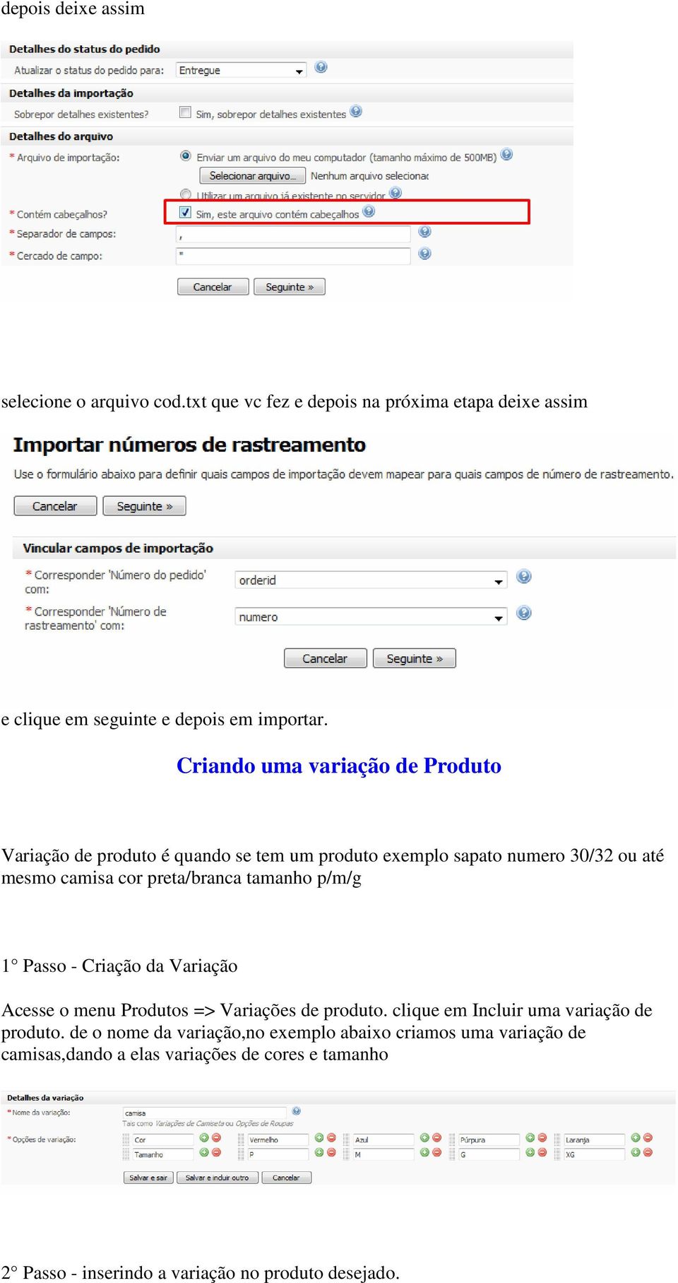 tamanho p/m/g 1 Passo - Criação da Variação Acesse o menu Produtos => Variações de produto. clique em Incluir uma variação de produto.