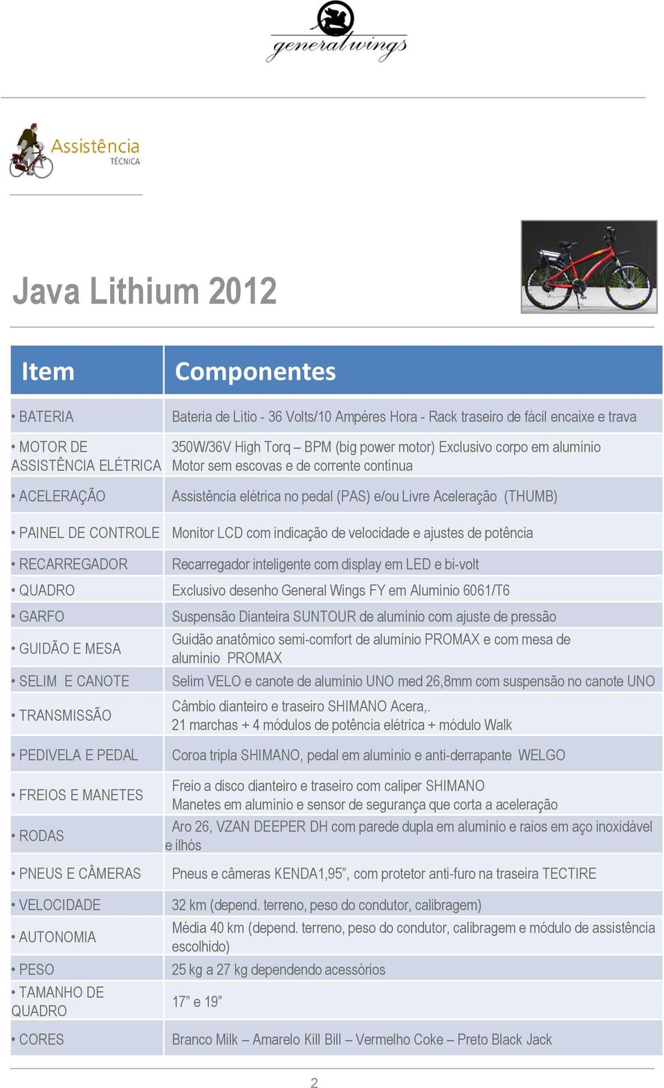 velocidade e ajustes de potência RECARREGADOR Recarregador inteligente com display em LED e bi-volt QUADRO Exclusivo desenho General Wings FY em Alumínio 6061/T6 GARFO GUIDÃO E MESA SELIM E CANOTE