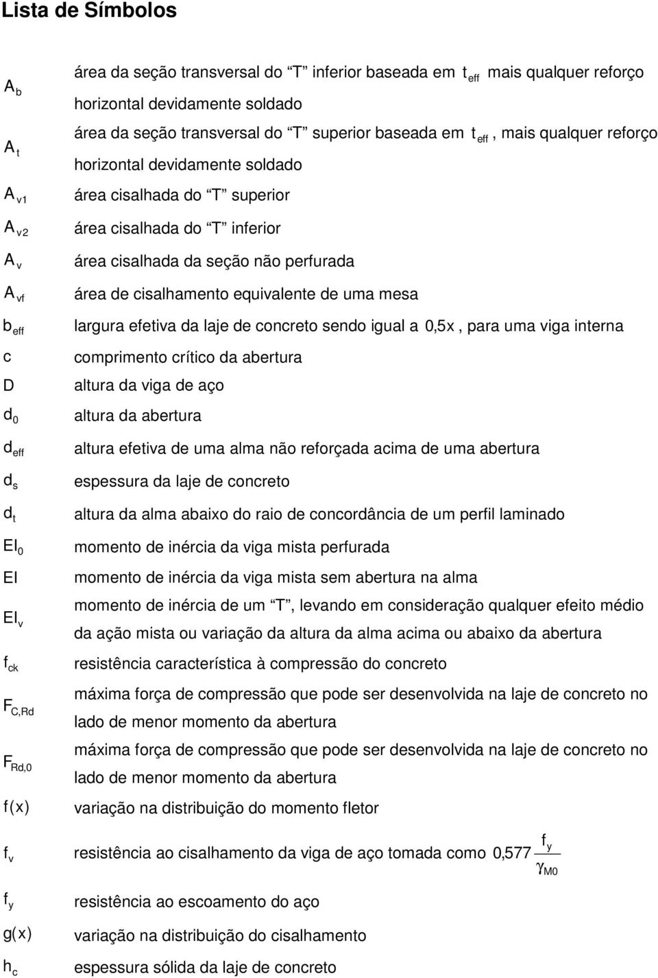 uma mesa b largura efetiva da laje de concreto sendo igual a 0,5x, para uma viga interna c D d 0 eff comprimento crítico da abertura altura da viga de aço altura da abertura d eff altura efetiva de