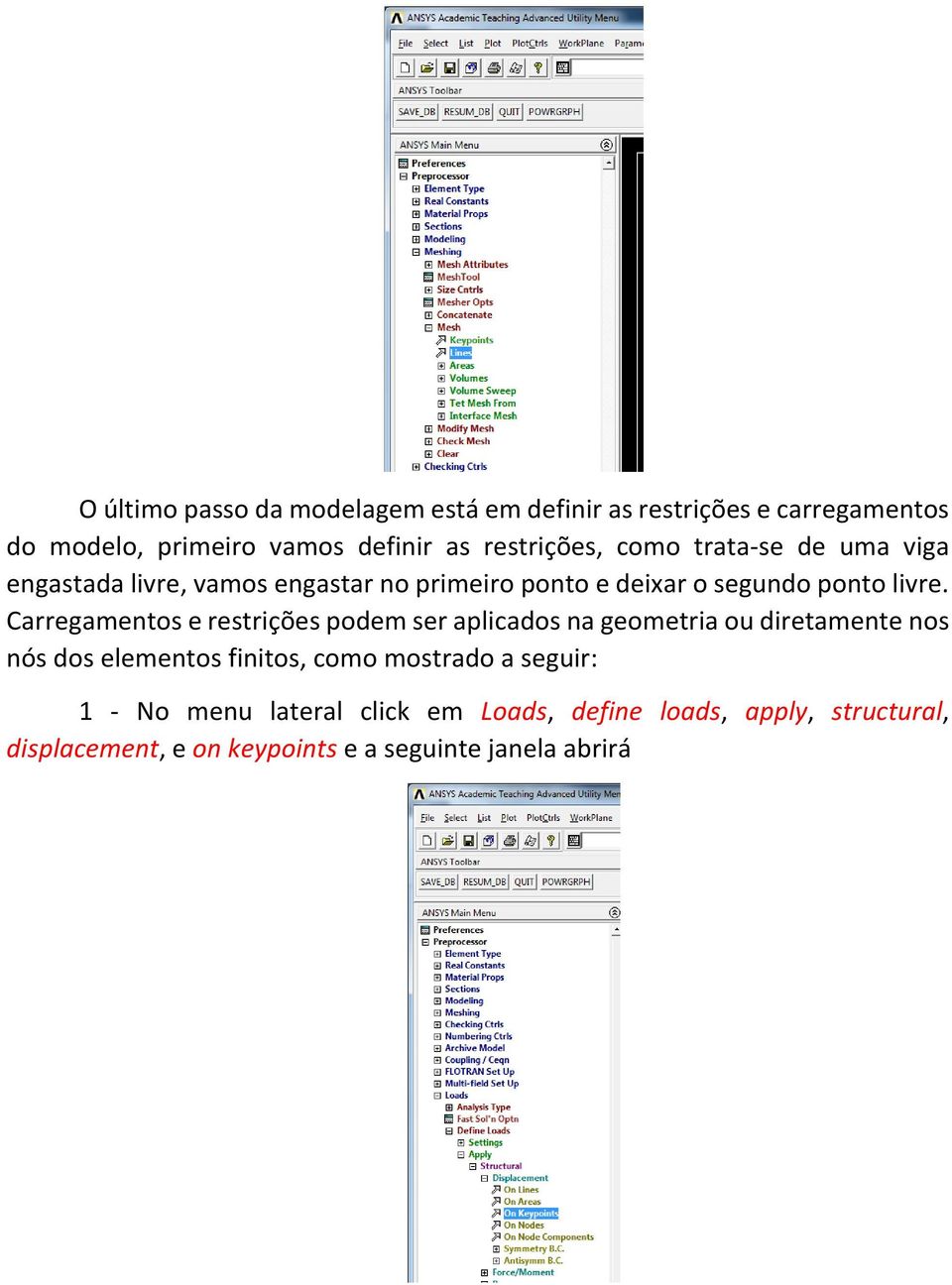 Carregamentos e restrições podem ser aplicados na geometria ou diretamente nos nós dos elementos finitos, como mostrado a