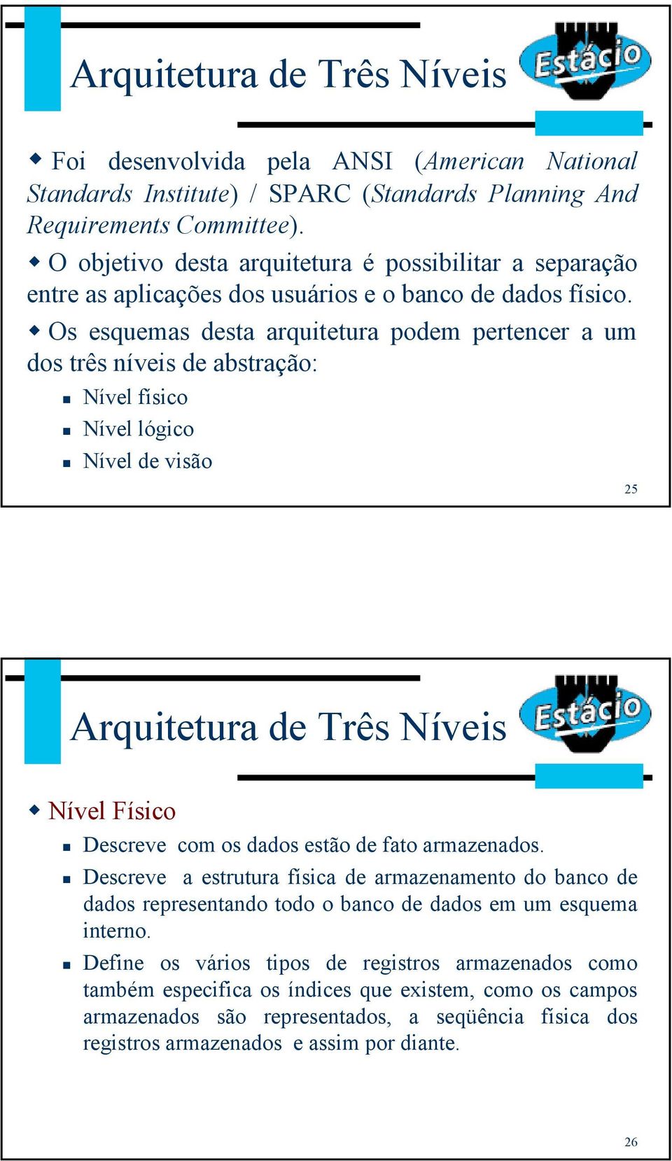 Os esquemas desta arquitetura podem pertencer a um dos três níveis de abstração: Nível físico Nível lógico Nível de visão 25 Arquitetura de Três Níveis Nível Físico Descreve com os dados estão de