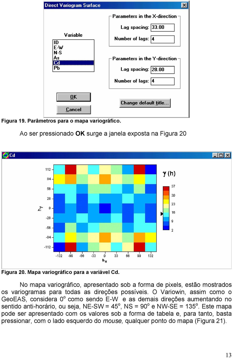 O Variowin, assim como o GeoEAS, considera 0 o como sendo E-W e as demais direções aumentando no sentido anti-horário, ou seja, NE-SW = 45 o, NS = 90 o e