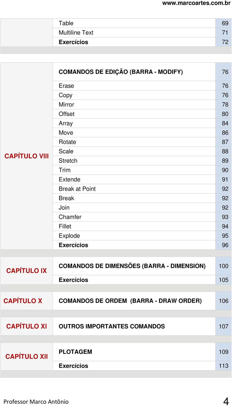 Explode 95 Exercícios 96 CAPÍTULO lx COMANDOS DE DIMENSÕES (BARRA - DIMENSION) 100 Exercícios 105 CAPÍTULO X COMANDOS DE ORDEM