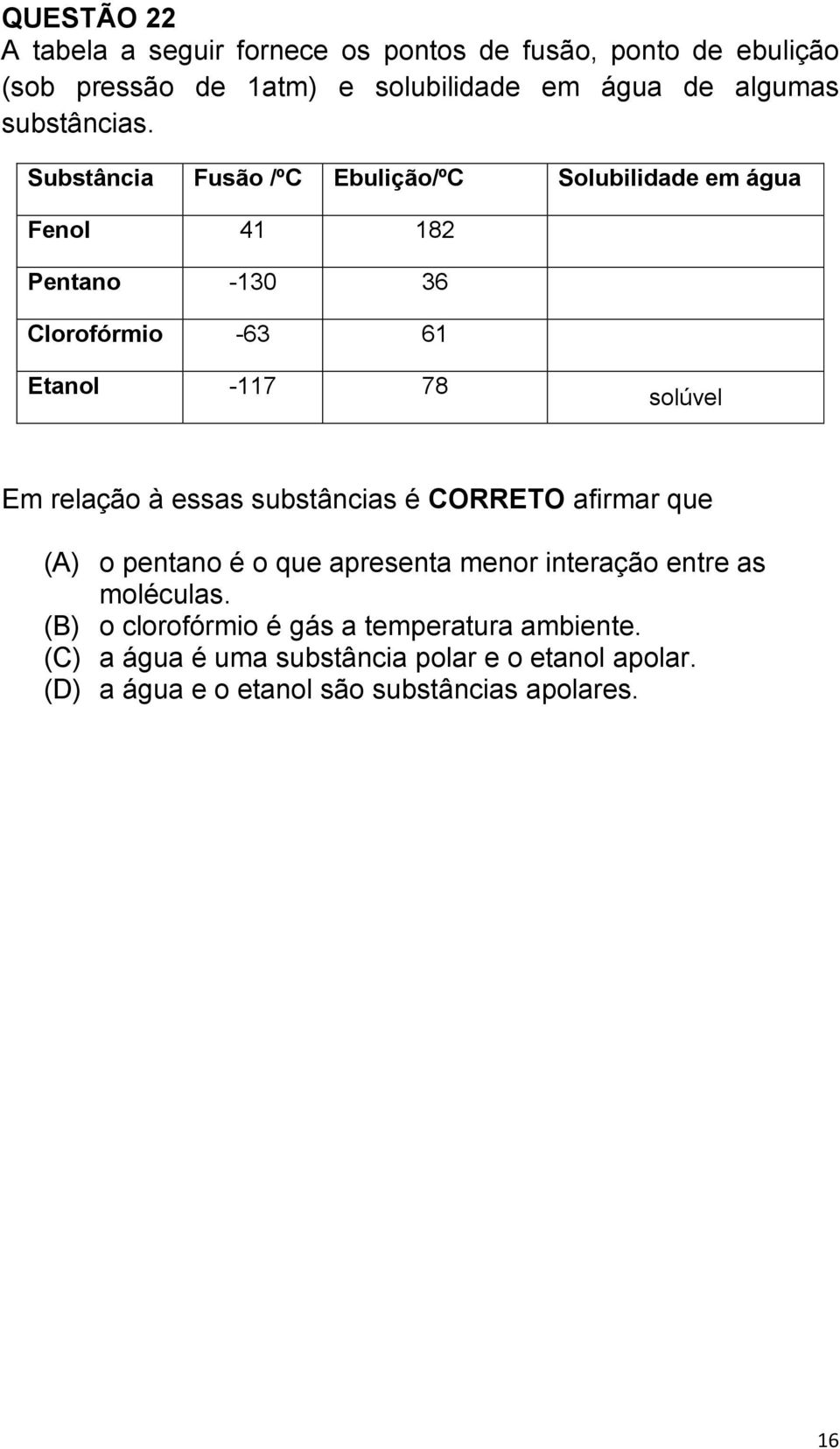 Substância Fusão /ºC Ebulição/ºC Solubilidade em água Fenol 41 182 Pentano -130 36 Clorofórmio -63 61 Etanol -117 78 solúvel Em relação