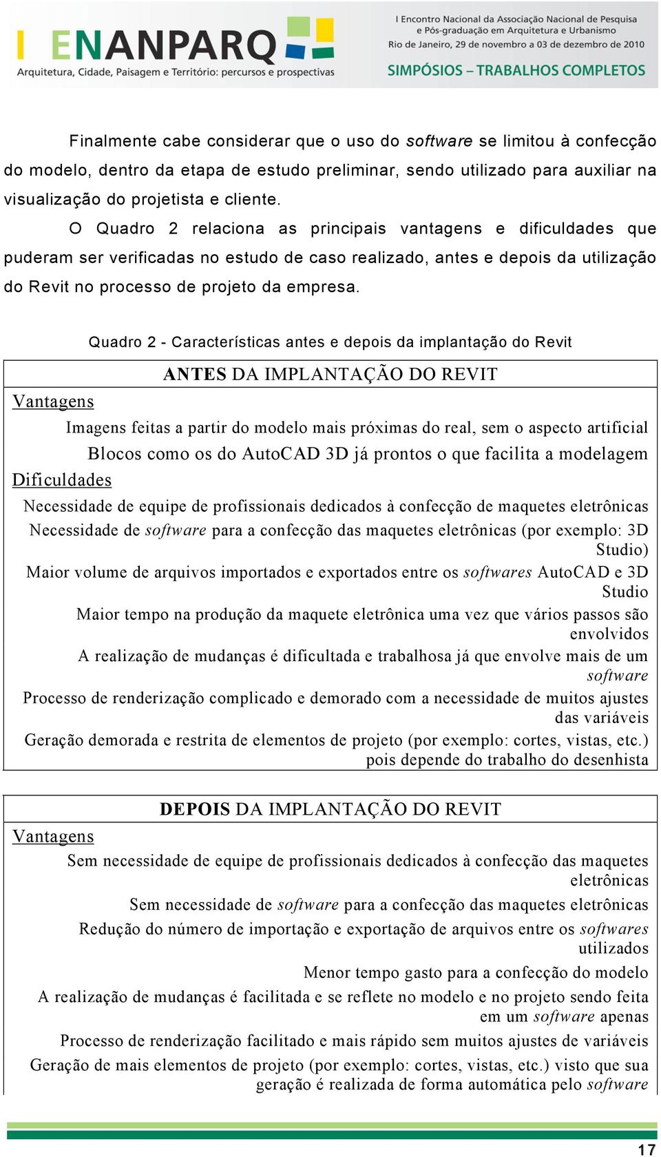 Vantagens Quadro 2 - Características antes e depois da implantação do Revit ANTES DA IMPLANTAÇÃO DO REVIT Imagens feitas a partir do modelo mais próximas do real, sem o aspecto artificial Blocos como