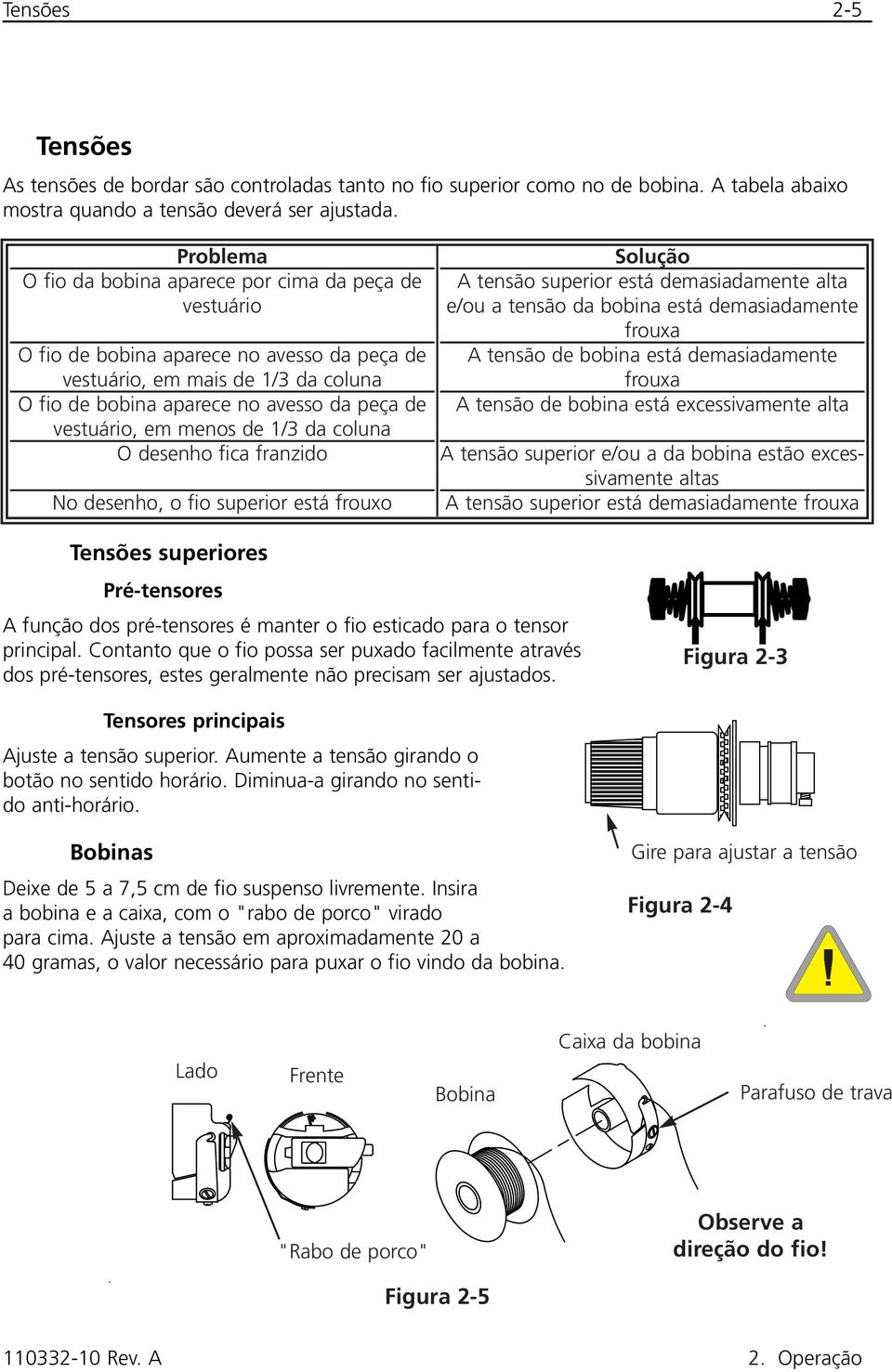 em menos de 1/3 da coluna O desenho fica franzido No desenho, o fio superior está frouxo Solução A tensão superior está demasiadamente alta e/ou a tensão da bobina está demasiadamente frouxa A tensão