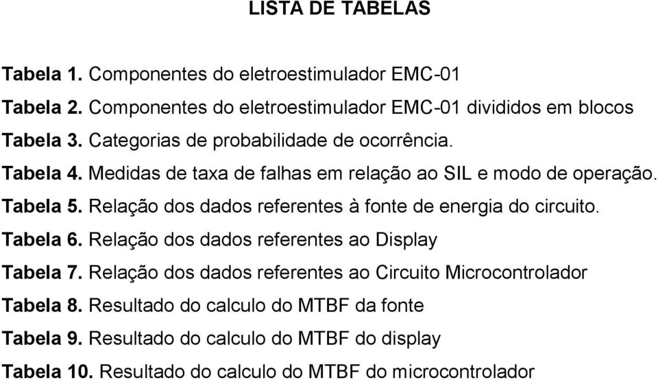 Relação dos dados referentes à fonte de energia do circuito. Tabela 6. Relação dos dados referentes ao Display Tabela 7.