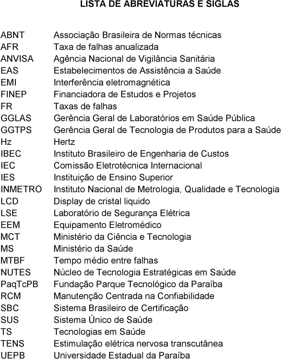 Gerência Geral de Laboratórios em Saúde Pública Gerência Geral de Tecnologia de Produtos para a Saúde Hertz Instituto Brasileiro de Engenharia de Custos Comissão Eletrotécnica Internacional