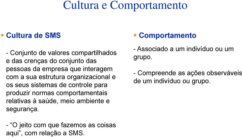 comportamentais relativas à saúde, meio ambiente e segurança. Comportamento - Associado a um indivíduo ou um grupo.