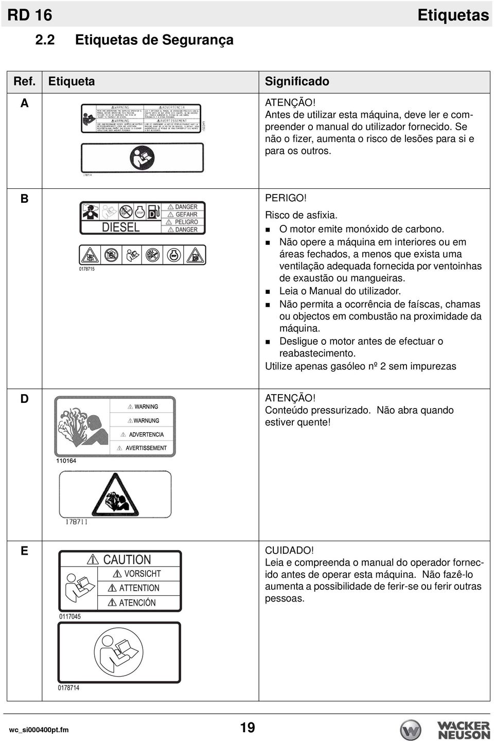 Não opere a máquina em interiores ou em áreas fechados, a menos que exista uma ventilação adequada fornecida por ventoinhas de exaustão ou mangueiras. Leia o Manual do utilizador.