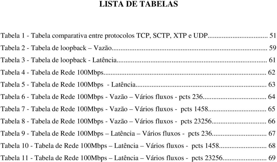 .. 64 Tabela 7 - Tabela de Rede 100Mbps - Vazão Vários fluxos - pcts 1458... 65 Tabela 8 - Tabela de Rede 100Mbps - Vazão Vários fluxos - pcts 23256.