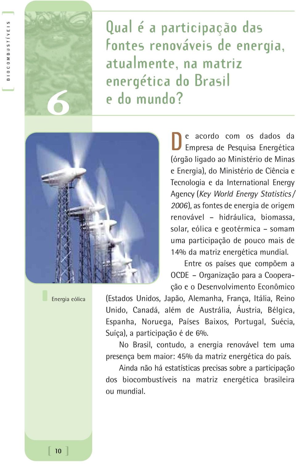 Statistics / 2006), as fontes de energia de origem renovável hidráulica, biomassa, solar, eólica e geotérmica somam uma participação de pouco mais de 14% da matriz energética mundial.