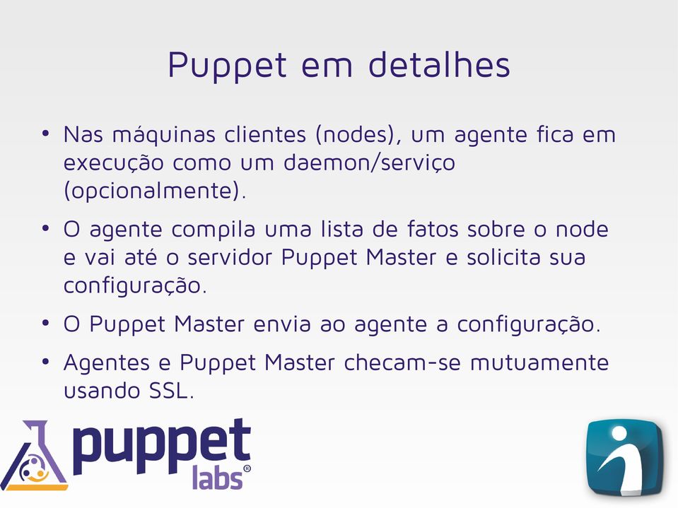 O agente compila uma lista de fatos sobre o node e vai até o servidor Puppet Master