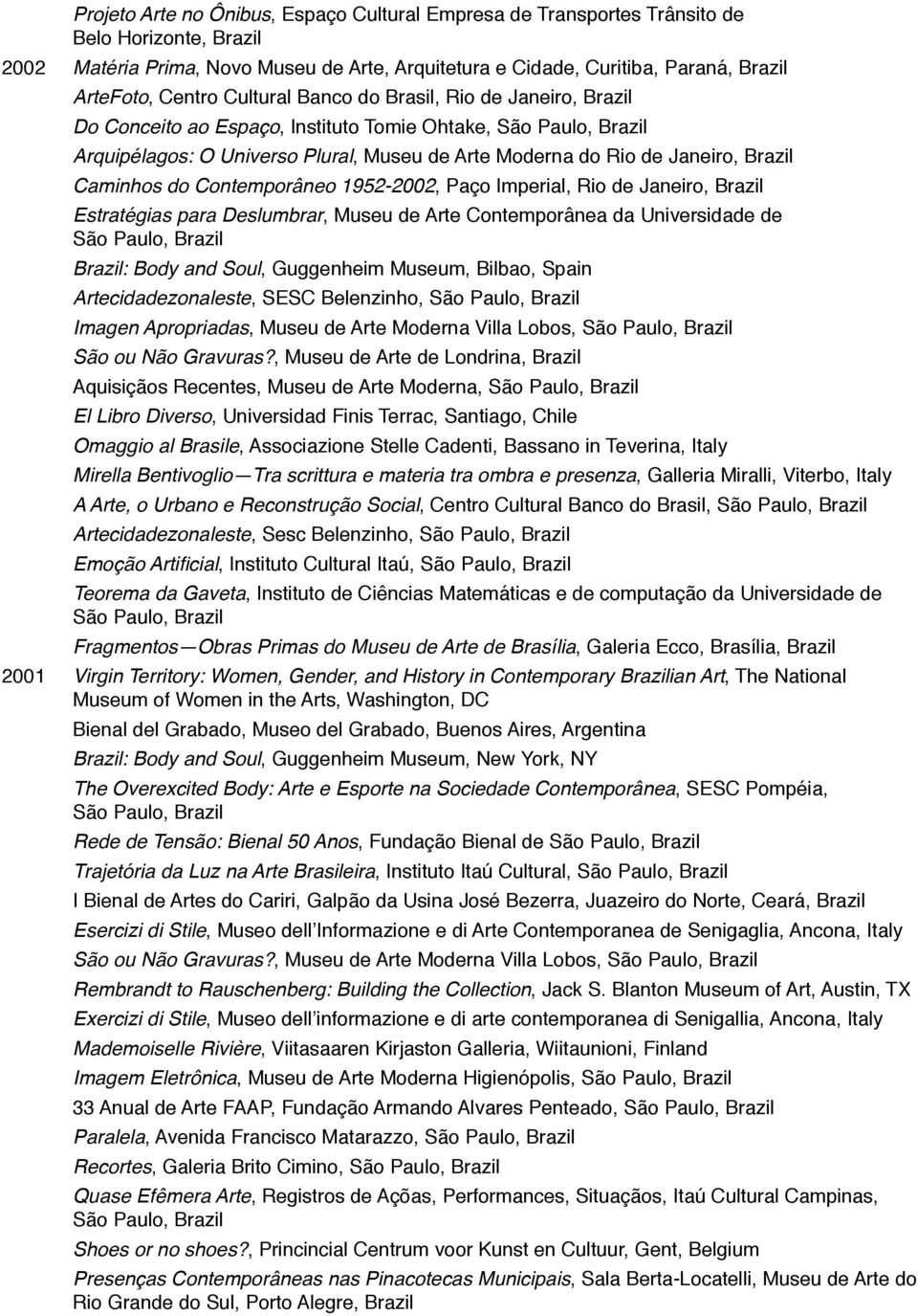 Contemporâneo 1952-2002, Paço Imperial, Rio de Janeiro, Brazil Estratégias para Deslumbrar, Museu de Arte Contemporânea da Universidade de Brazil: Body and Soul, Guggenheim Museum, Bilbao, Spain