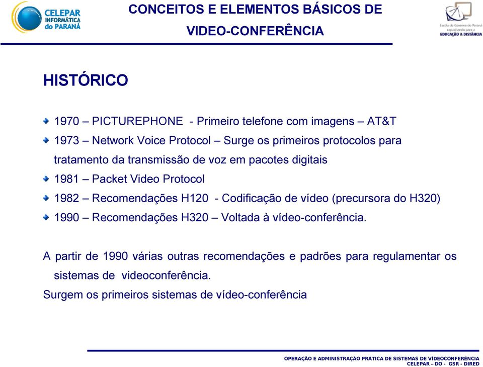 Recomendações H120 - Codificação de vídeo (precursora do H320) 1990 Recomendações H320 Voltada à vídeo-conferência.