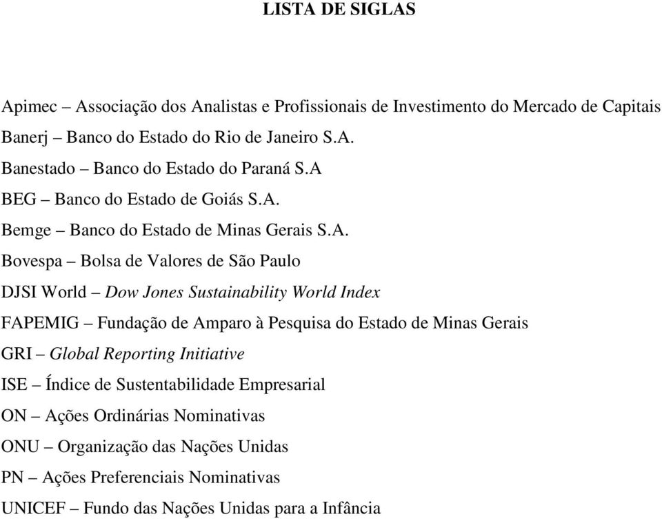 Index FAPEMIG Fundação de Amparo à Pesquisa do Estado de Minas Gerais GRI Global Reporting Initiative ISE Índice de Sustentabilidade Empresarial ON Ações